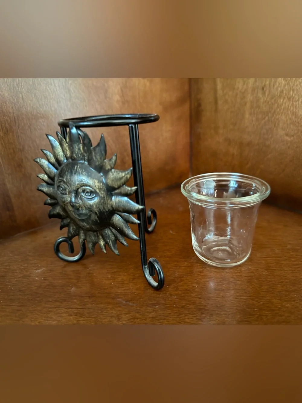 Sun Face Metal Candle Holder in Antique Gold